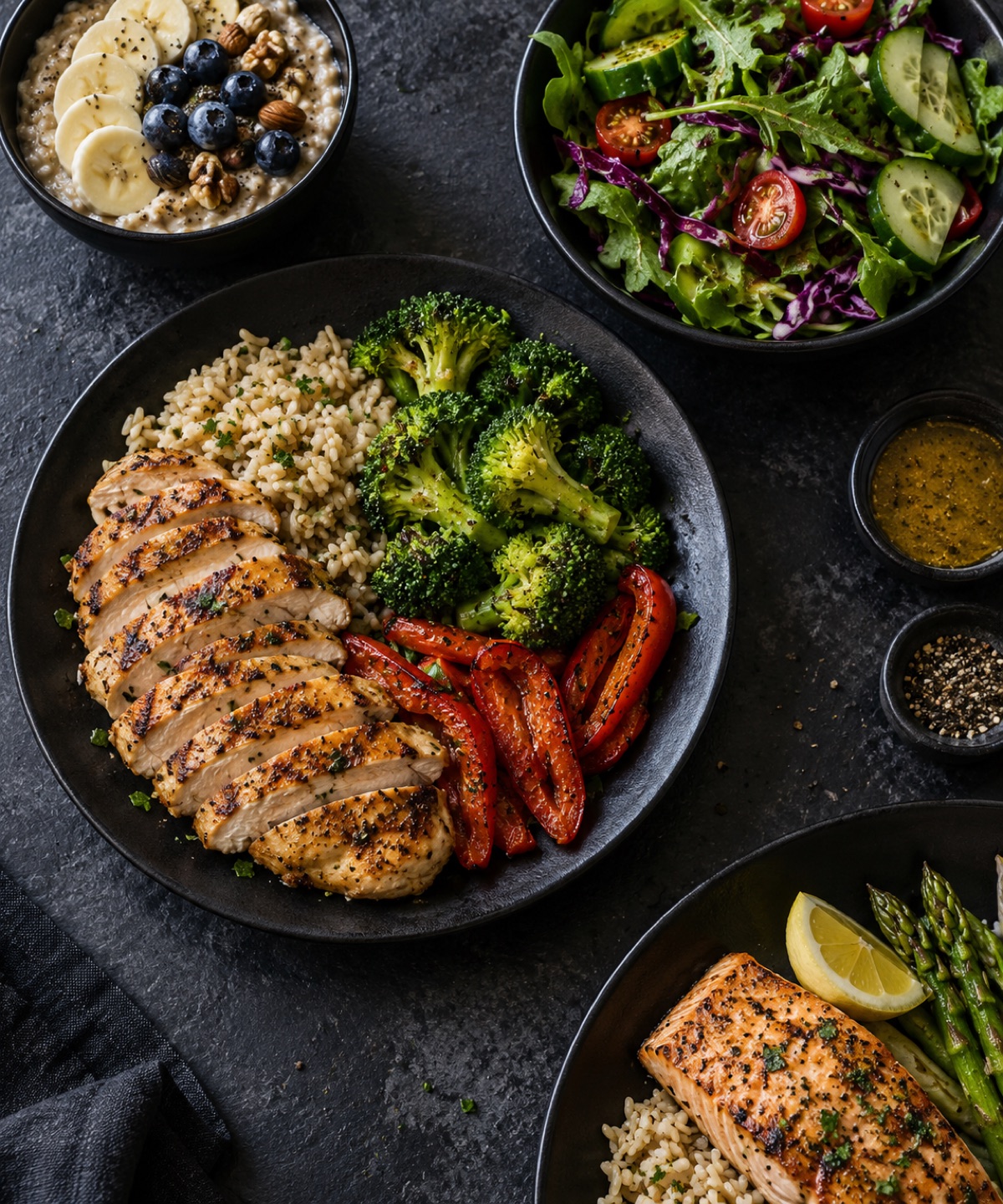Illustrative spread of oats, salad, grilled chicken and salmon with rice and vegetables